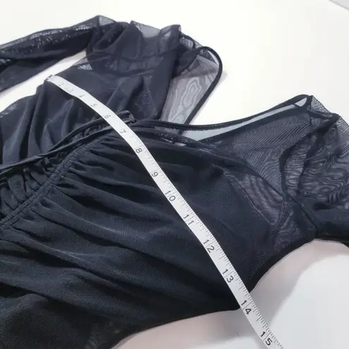 Cinq a Sept Black Ruched Mesh Mini Bodycon Dress Long Sleeves Plunging Neckline Size 2