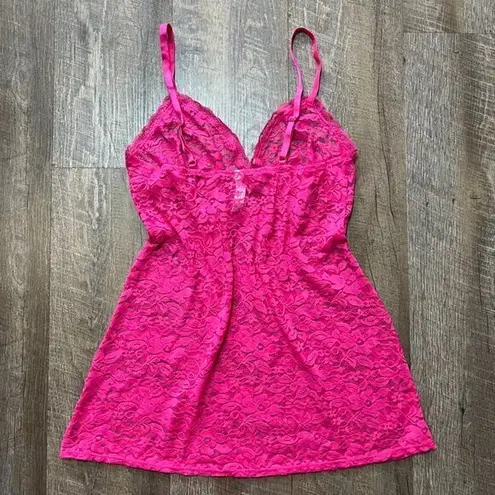 2000s Y2k Gilligan Hot PInk Babydoll Lace Mesh Sheer Mini Slip/Cami Womens M Size M