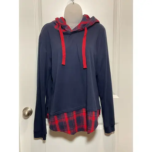 DJT Red Plaid Navy Blue Hoodie Layered Look Women XL Christmas Grunge X