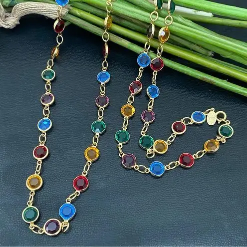 Vintage AUSTRIAN CRYSTAL USA Multicolored Bezel Crystals 35” Necklace