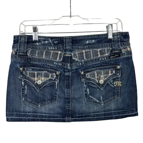 Miss Me Blue Denim Micro Mini Skirt Plaid Pockets Distressed Jean Y2K Sz M West Size M