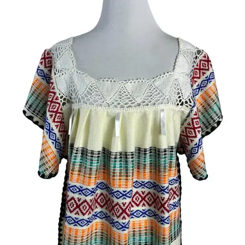 Vintage 70s Handmade Embroidered Ecuador Blanket Kaftan Dress Medium Large Orange