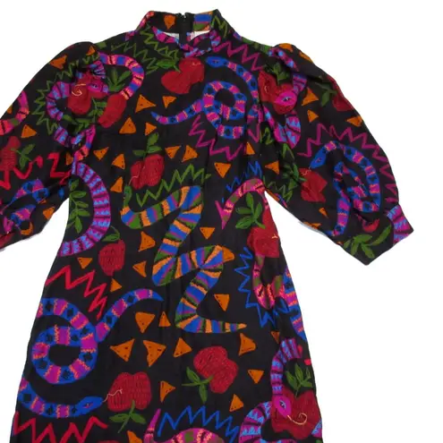Farm Rio NWT Jungle Snake Fruit Midi in Black Apple Puff Sleeve Dress S $195