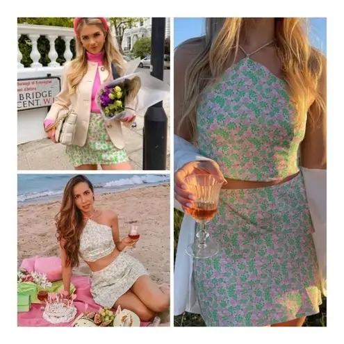 ZARA  floral halter crop top and mini skirt set green pink blogger favo