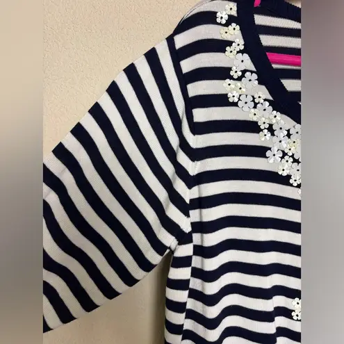 Cathy Daniels  Navy & White Nautical Stripe Floral Sequin 1/2 Sleeve Sweater 2X
