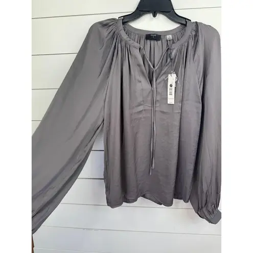 T Tahari Women Sz XS Steel Grey V-Neck Tie Blouse Relaxed Fit Satin Peasant Top