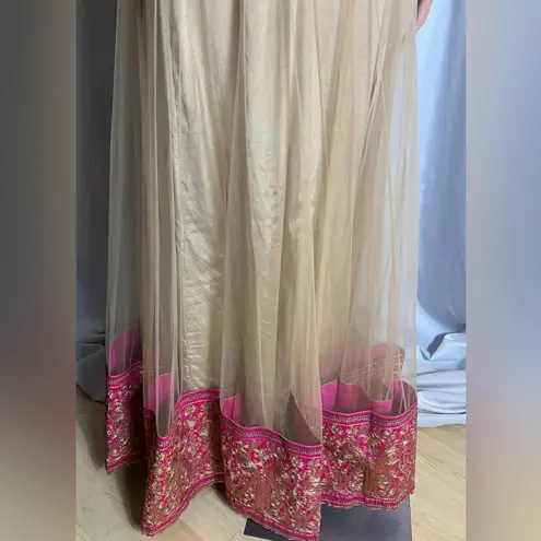 Meena Bazaar Embroidered Gown Anarkali Dress Gold & Hot Pink