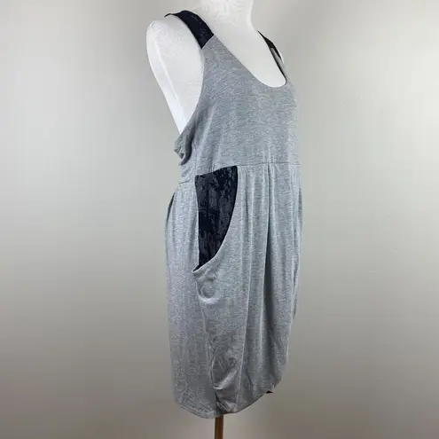Heartloom Mini Dress M Gray Knit Black Lace Racerback Pockets Sleeveless