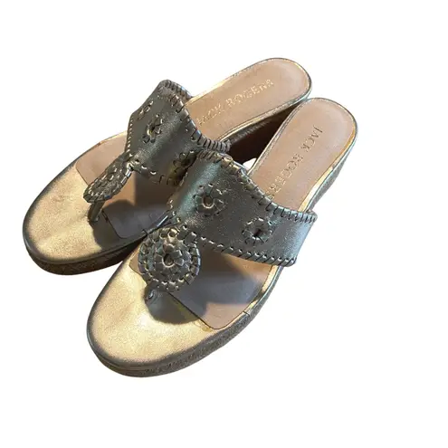 Jack Rogers  Women's Gold‎ Leather Wedge Sandals Size 7.5M Thong Espadrille