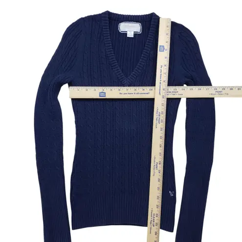 Vtg American Eagle Sweater Womens L Blue V Neck Cable Knit Fitted Bella Swan Y2K Size L