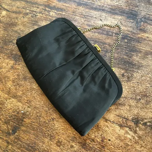 After Five Vintage Black Satin Cocktail Clutch Purse gold w/ turquoise hardware