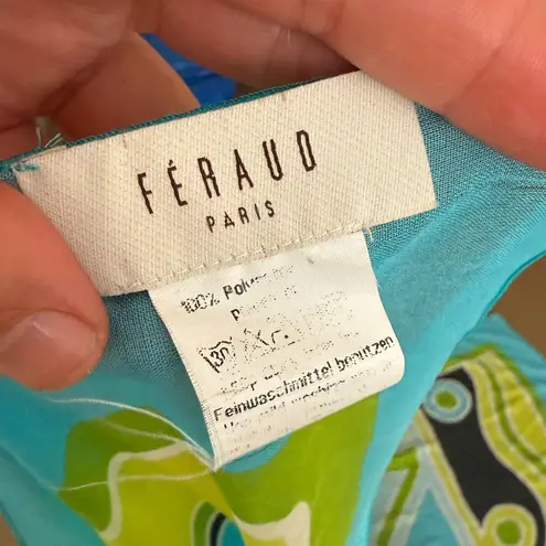 Vintage Féraud Paris Geometric Print Oversized Scarf Turquoise, Lime & Black Green