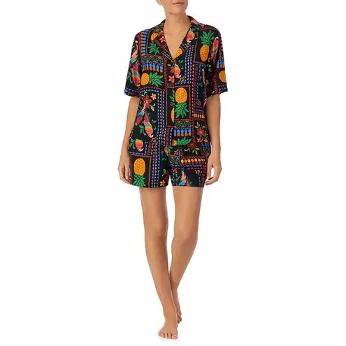 NWT Dillards Room Service Tropical Patchwork Short Sleeve Shorty Pajama Set S Black