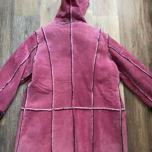 Newport News Vintage Y2K Leather Fur Lined Pink Hooded Winter Coat 1X Coquette Scandigirl