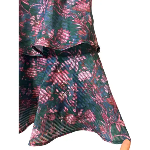 Marchesa Notte Floral Tiered Midi Dress NWT Jewel Tones Size 12 Green