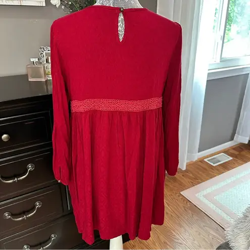 Suzanne Betro Boho Lace Trim Dress Red Textured Long Sleeve Size Large