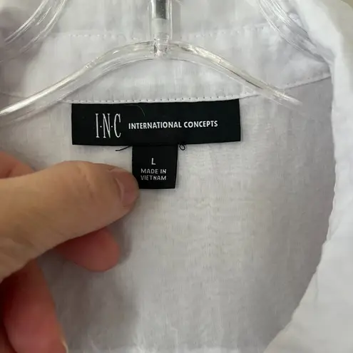 INC Sz L White Button Up Tunic Semi Sheer Cover Up Long Sleeves Dress Shirt Size L
