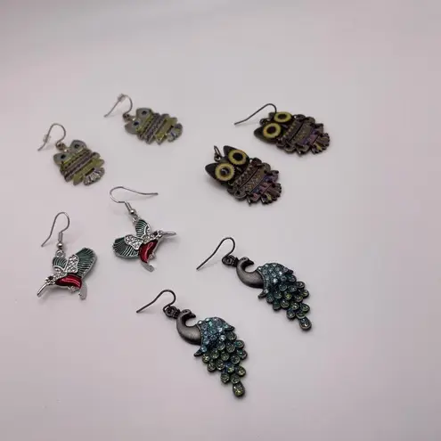 Hummingbird Lot Of 4 Women’s Costume Earrings Pierced Dangle Drop Owl, , Peacock