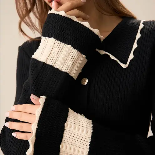 Rihoas Women's Black Splicing Button Ribbed Cardigan Size L