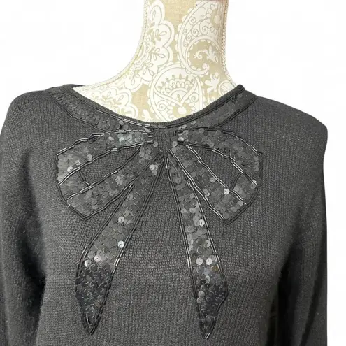 Amanda Smith Black Silk Bow Beaded Sequin Festive Sweater Glam Size Large Petite