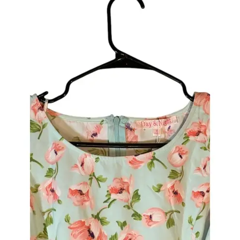 Day & Night Baby Blue Pink Floral Cut Out Sleeveless Dress Women Sz Med