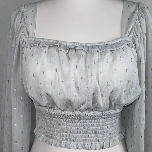 By The River Womens Gray Sheer Squared Neck Gold Speckle Crop Smocking Top small
