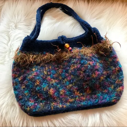 Handmade Unique Purse Handbag Multicolored Beaded Closure Wool Blend