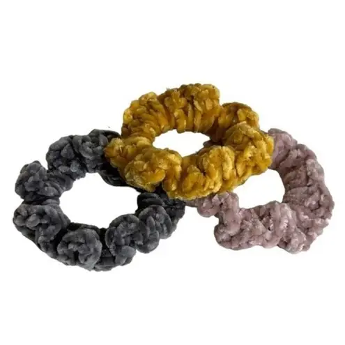 SCRUNCHIES Velvet Yarn Handmade Crochet Set Of 3 Charcoal Dusty Pink Marigold