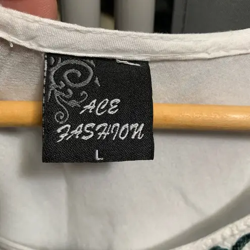 ACE Fashion B28-Women's Tank Top Size L White Green Embroidered Sleeveless