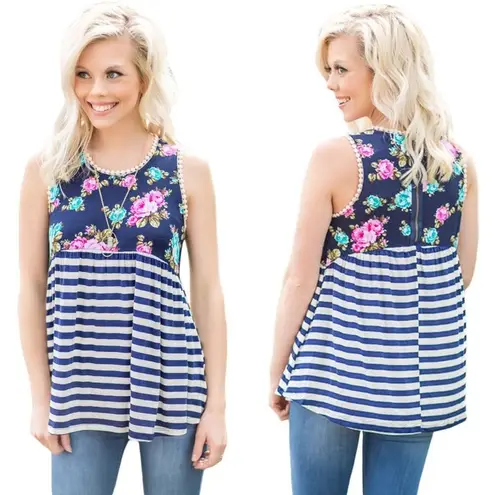 Styleholic Top Women's Medium Navy Blue Floral Sleeveless Flowy Babydoll Striped