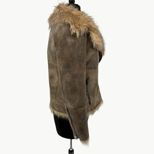 Newport News Vintage 90s 100% Leather Faux Fur Shearling Coat | Sz 6 | Brown Tan