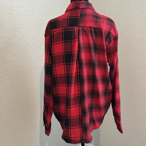 Red and Black Plaid women’s Shirt with Rhinestone Skull Design Size L