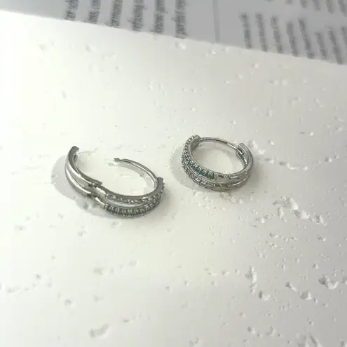 925 Silver Plated Double Rows CZ Cubic Zirconia Hoop Earrings for Men Women,Hip Hop Unisex Earrings