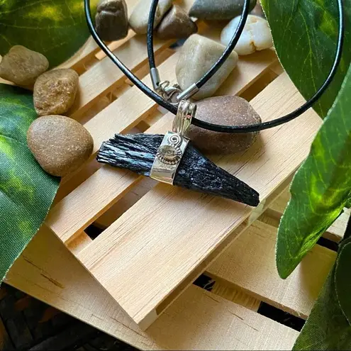 Handmade Black Kyanite & Herkimer Diamond Solid Sterling Silver Pendant Necklace