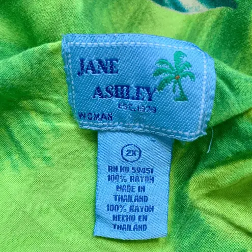 Jane Ashley Vintage Green Tropical Floral Dress Sleeveless Rayon Resort Wear 2X