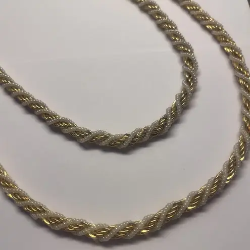 Trifari Lot / Set Of 2 Signed Costume Necklace - Gold Tone / White Bead Beaded