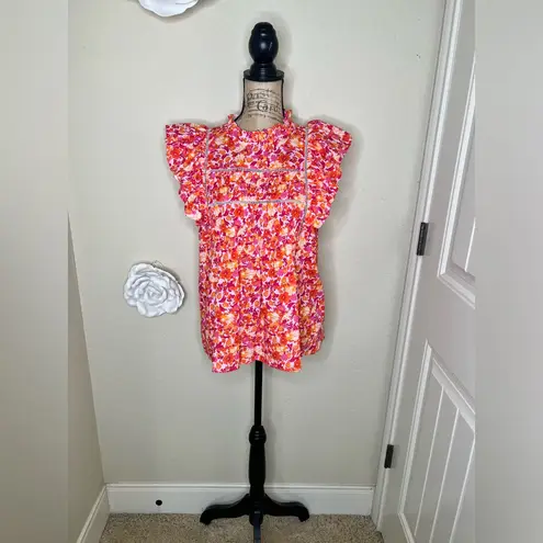 Entro NTM: Sunset Dream Mock Neck Ruffle Sleeve Babydoll Orange & Pink Top Sz M