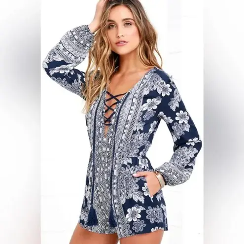 Lulu's Flower Power Play Navy Blue Print Romper