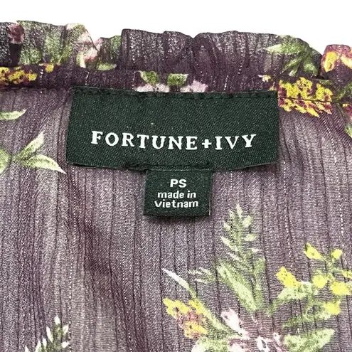 Fortune + Ivy PETITE SMALL Metallic Ruffle Tie Neck Sheer Arm Long Sleeve Blouse