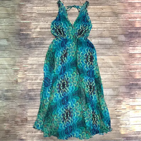 Dolcessa Swimwear Chiffon Sleeveless V Neck Peacock Attached Shorts Maxi Dress Blue Size L