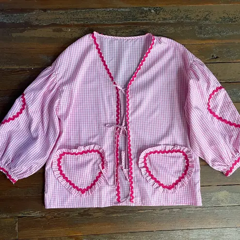 Candy Pink Gingham Heart Pocket Tie Front Blouse Ruffle Ric Rac Trim Top