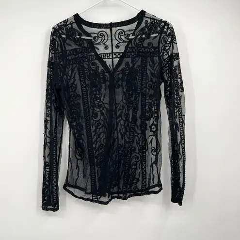 Ember Womens Black Button Sheer Lace Blouse M Western Boho Festival Hippie Size M
