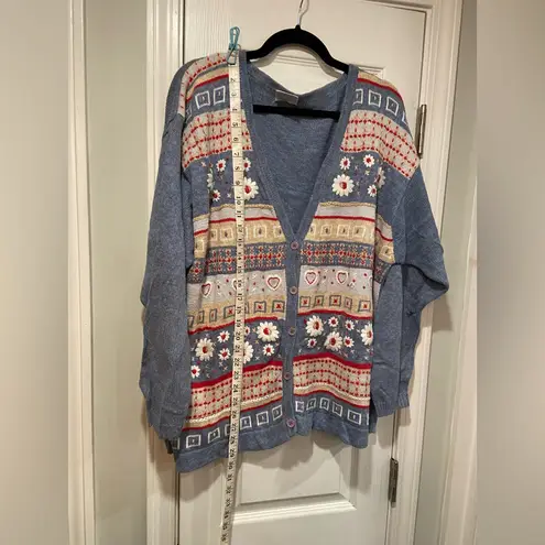 VTG Koret City Blues Size 2X Blue 90s Fair Isle Daisy Knit Cardigan Sweater