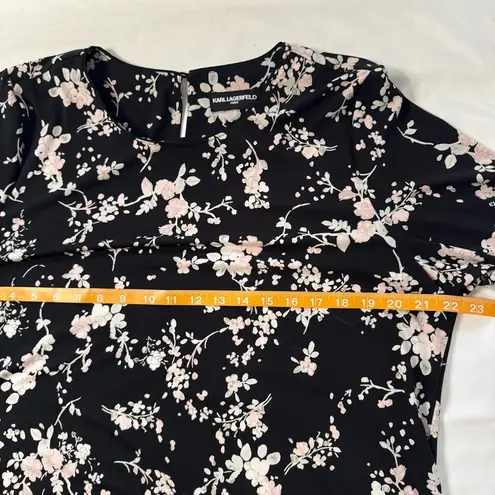 Karl Lagerfeld Floral Print Black Bell Long Sleeve Blouse Size XL Flowy Stretch