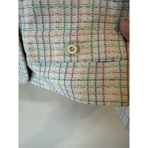 St. John Knits Cream Blue JACKET Siz 8 Suit Blazer Multicolor Plaid Classic