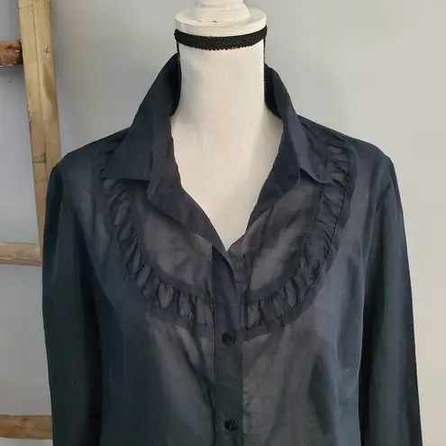 Mossimo Women's Black Sheer Button Down Shirt Cotton Ruffle Accent L Size L
