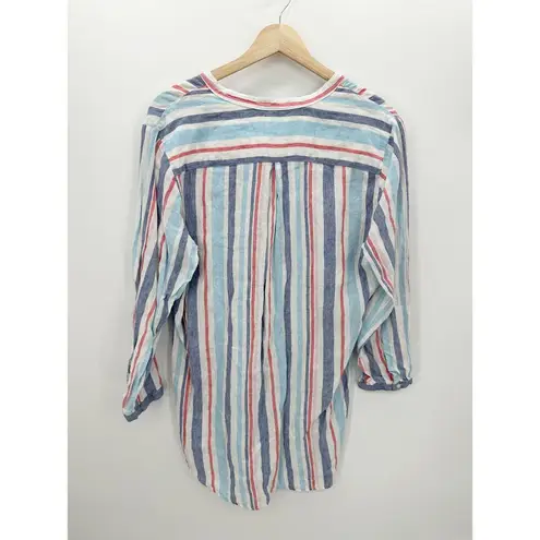 L.L.Bean  Striped Linen Tunic Shirt Long Sleeve V-Neck Coastal Vaca Beach Swim