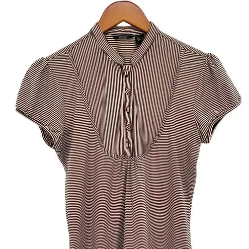 Mango  Womens Top Brown Striped Button Front Band Collar Puff Sleeve Shirt