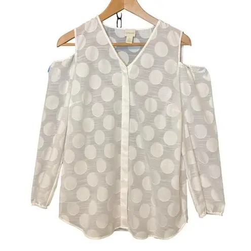 Chico’s Sheer White Polka Dot Button Cold Shoulder Long Sleeve V