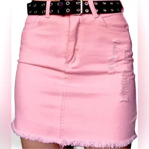 Pretty Little Thing NWTS 💗SIZE 4💗PINK DISTRESSED DENIM MINI SKIRT WITH POCKETS